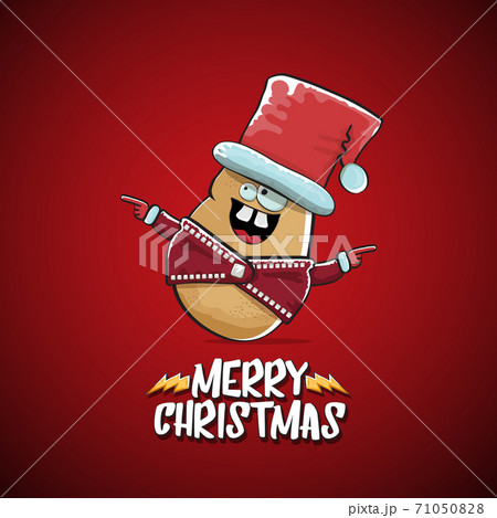 vector rock star Santa Claus potato funny cartoon cute character with red Santa hat and calligraphic merry Christmas text isolated on the red background. Rock n roll funky Christmas party banner 71050828
