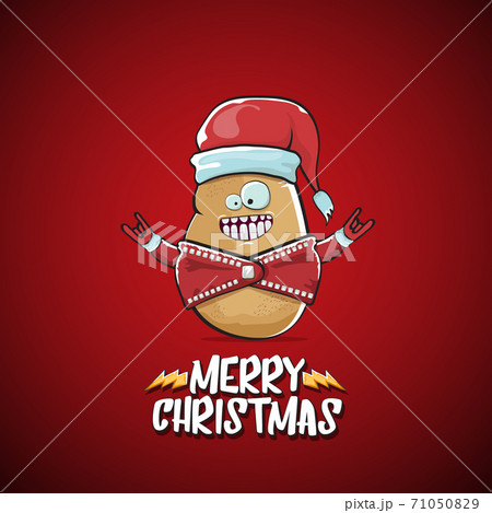 vector rock star Santa Claus potato funny cartoon cute character with red Santa hat and calligraphic merry Christmas text isolated on the red background. Rock n roll funky Christmas party banner 71050829