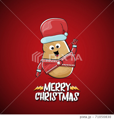 vector rock star Santa Claus potato funny cartoon cute character with red Santa hat and calligraphic merry Christmas text isolated on the red background. Rock n roll funky Christmas party banner 71050830