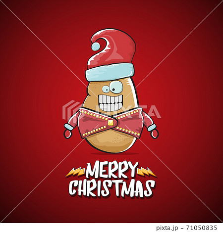 vector rock star Santa Claus potato funny cartoon cute character with red Santa hat and calligraphic merry Christmas text isolated on the red background. Rock n roll funky Christmas party banner 71050835