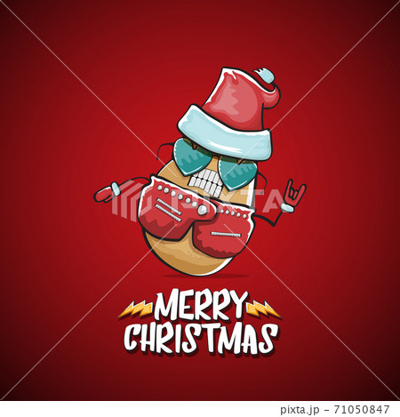 vector rock star Santa Claus potato funny cartoon cute character with red Santa hat and calligraphic merry Christmas text isolated on the red background. Rock n roll funky Christmas party banner 71050847