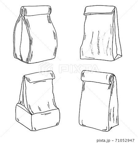 Various lunch bags and lunch boxes. Sketch, hand drawn, vector. 71052947