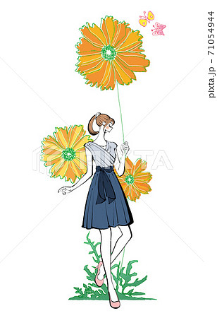 ワンピースを着ている花を持つ女性のイラストのイラスト素材