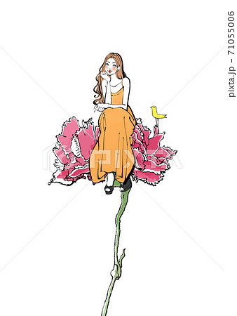花に腰掛ける女性と小鳥のイラストのイラスト素材