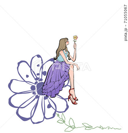 ワンピースを着ている花を持って座る女性のイラストのイラスト素材