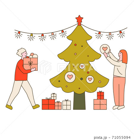 Young beautiful couple preparing gifts . Gifts under christmas tree. Vector illustration in flat 71055094