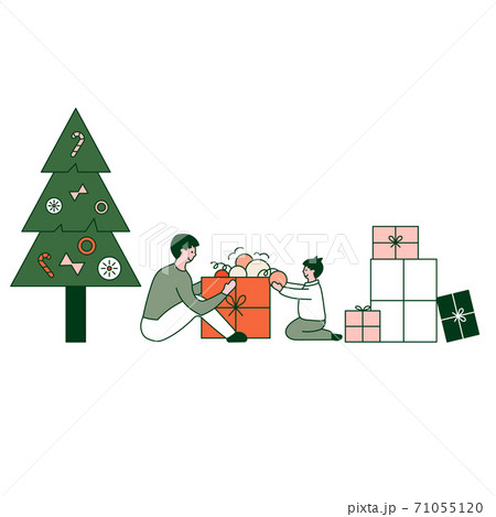 Father and son preparing gifts . Gifts under christmas tree. Vector illustration in flat design 71055120