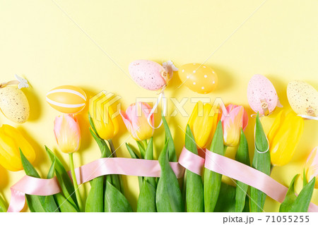 Easter scene with colored eggs 71055255