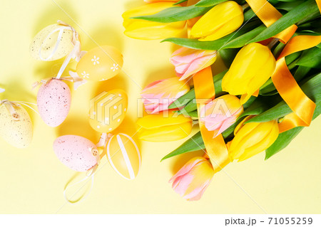 Easter scene with colored eggs 71055259
