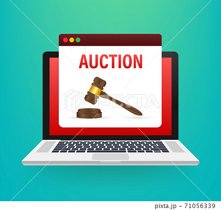 Auction hammer icon in cartoon style isolated on laptop screen. E-commerce symbol stock vector illustration. Auction hammer icon in cartoon style isolated on laptop screen. E-commerce symbol stock vector illustration. 71056339