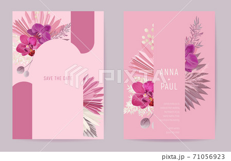 Wedding watercolor floral vector card. Dry tropic flowers, palm leaves invitation. Tropical template frame 71056923