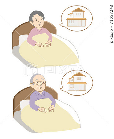 ベッドに座る高齢者　家に帰りたい(線無し) 71057243