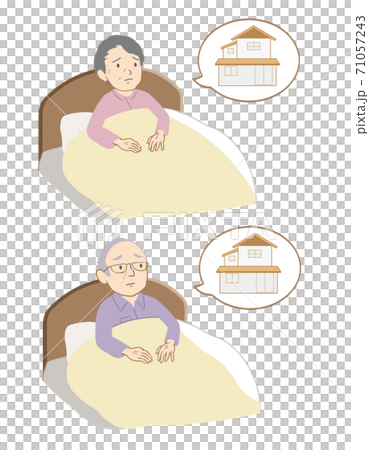ベッドに座る高齢者　家に帰りたい(線無し) 71057243