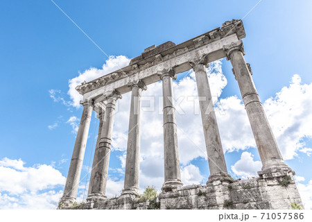 Temple of Saturn - ruins with old historical columns. Roman Forum archeological site, Rome, Italy Temple of Saturn - ruins with old historical columns. Roman Forum archeological site, Rome, Italy 71057586