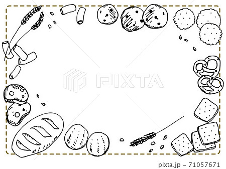 小麦粉を使った食べ物 クッキー パン パスタ クラッカー ビスケット の手描きイラストフレームのイラスト素材