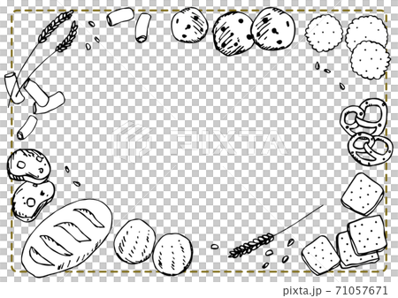 小麦粉を使った食べ物 クッキー パン パスタ クラッカー ビスケット の手描きイラストフレームのイラスト素材