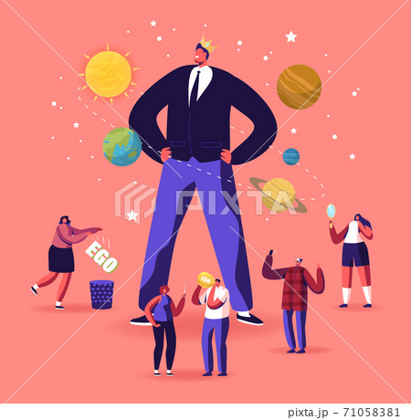 Ego, Narcissistic Self Love Behavior Concept. Tiny Male Female Characters around Huge Egocentric Macho in Crown on Head Ego, Narcissistic Self Love Behavior Concept. Tiny Male Female Characters around Huge Egocentric Macho in Crown on Head 71058381