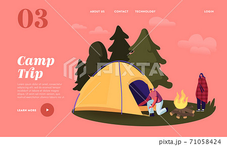 Camping Landing Page Template. Man Character Set Up Tent for Spending Time at Summer Camp in Forest, Vacation, Hiking 71058424