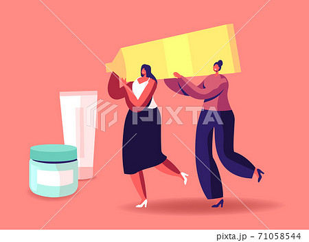 Tiny Girls Carry Huge Cosmetics Tube. Women Spend Time in Beautician Parlor, Testing Skin Care Products in Beauty Salon Tiny Girls Carry Huge Cosmetics Tube. Women Spend Time in Beautician Parlor, Testing Skin Care Products in Beauty Salon 71058544