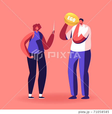 Man Blowing Balloon with Ego Inscription, Woman Holding Sharp Needle Prepare to Pin. Characters Get Rid of Egoism 71058585