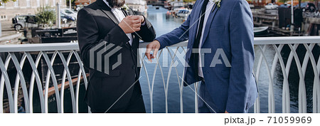 Newlywed stylish gay couple on their happy wedding day. Equality concept. 71059969