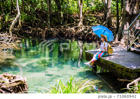 Asian women travel relax, travel nature in the holiday. women enjoying Sitting and watching the nature of the lake forest at tha pom-klong-song-nam at krabi. summer, Travel Thailand. Asian women travel relax, travel nature in the holiday. women enjoying Sitting and watching the nature of the lake forest at tha pom-klong-song-nam at krabi. summer, Travel Thailand. 71060942