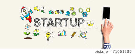 Startup with person using smartphone Startup with person using smartphone 71061589