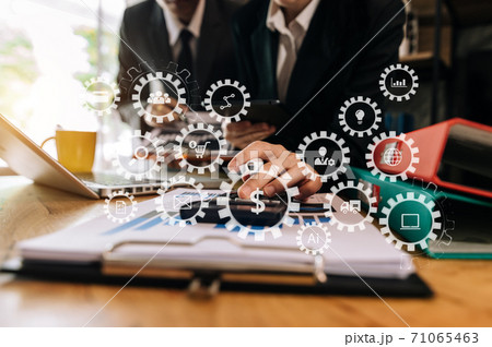 Project manager working and update tasks with milestones progress planning and Photo professional investor working new start up project. 71065463