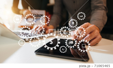 Seo Optimization for website with mobile website and Landing page virtual diagram.business teamwork are meeting in modern office. 71065465