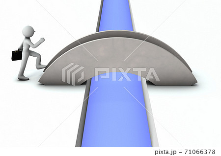 橋を越え、境界を渡り、新天地を開拓するビジネスマン。3Dレンダリング。 71066378