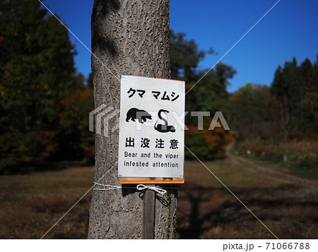 クマ マムシ出没注意 の看板 新潟県津南町の見玉公園 の写真素材