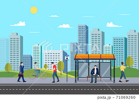 People At Bus Stop With Street Urban Public のイラスト素材