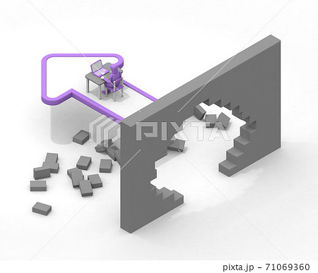 壁を破壊する人物。矢印が壁を壊す。自分が成長するイメージ。仕事をしているイメージ。躍進を果たす。 71069360