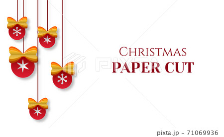 Greeting card with hanging red Christmas balls. Place for text. Business card, invitation in paper art. Vector Greeting card with hanging red Christmas balls. Place for text. Business card, invitation in paper art. Vector 71069936