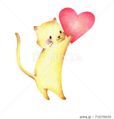 ハートを持ったねこ　手描き色鉛筆画 71070020