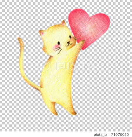ハートを持ったねこ　手描き色鉛筆画 71070020