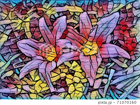 Two flowers in the inflorescence of an orange large tuberous lily in a mosaic style. Stamens, pistils and nectar on them. Delicate warm colors and tones. Summer flower garden 71070160