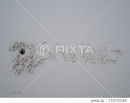 The letters saving were written on the sand with natural beauty The letters saving were written on the sand with natural beauty 71070594