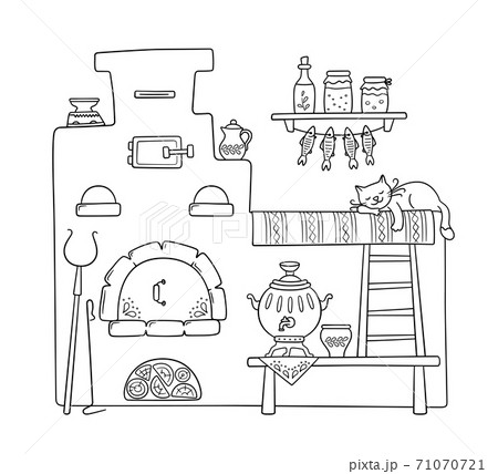 Traditional old Russian stove with bench, samovar, grip, pots, jug and sleep cat. Vector hand drawn illustration 71070721