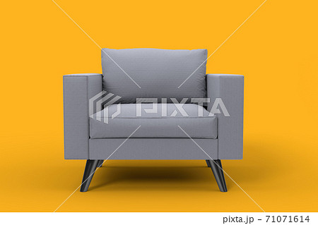 Grey armchair with pillows on studio yellow background. 71071614