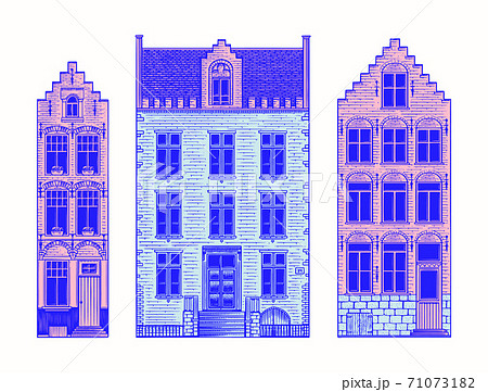 Amsterdam houses. Urban residential buildings. Scandinavian style. European city. Hand drawn 71073182