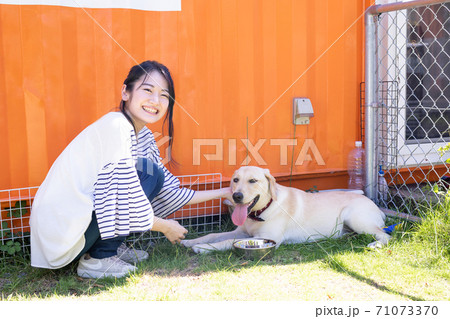 犬に水をあげる女性 71073370