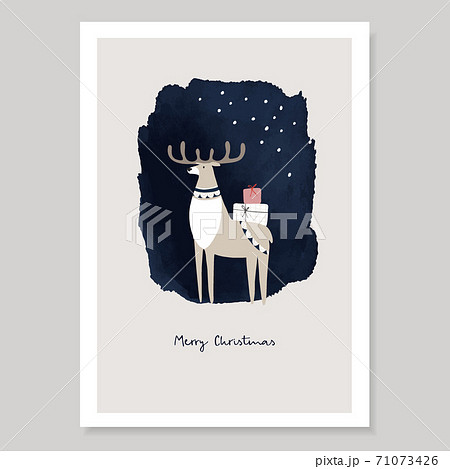 Cute Christmas greeting card, invitation. Deer carrying gift packages at night with falling snow. Deep blue watercolor textured background. Hand drawn vector illustration. Cute Christmas greeting card, invitation. Deer carrying gift packages at night with falling snow. Deep blue watercolor textured background. Hand drawn vector illustration. 71073426
