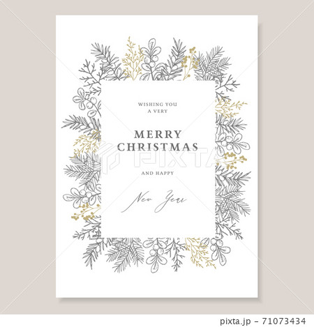 Elegant Christmas decorative vintage greeting card, invitation. Holiday frame. Hand drawn fir, yew tree branches and pine cones with cranberries. Golden and grey floral engraving illustrations, winter 71073434