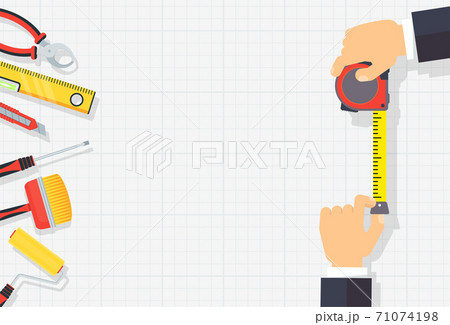 Measuring tape in the hands of a man. Template for a poster. 71074198