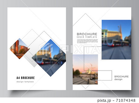Vector layout of A4 format cover mockups design templates with geometric simple shapes, lines and photo place for brochure, flyer layout, booklet, cover design, book, brochure cover. 71074348