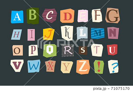 Collage alphabet. Sliced letters various funny style font for flyer or anonymous notes vector colored punk alphabet Collage alphabet. Sliced letters various funny style font for flyer or anonymous notes vector colored punk alphabet 71075170