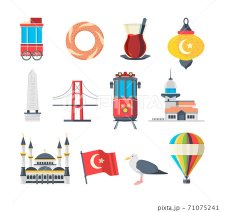 Turkey landmarks. Travellers set of istanbul cultural objects and muslim buildings national mosque vector pictures collection 71075241