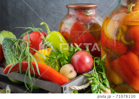 Home canning: canned bell peppers in glass jars 71076130