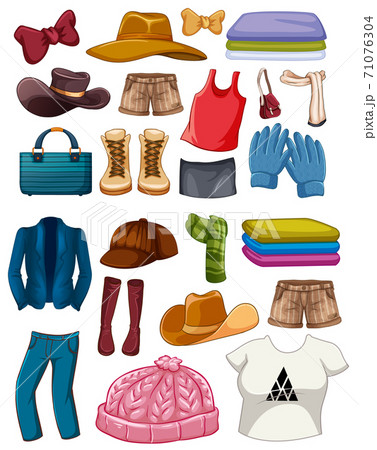 Set of fashion outfits and accessories on white background 71076304